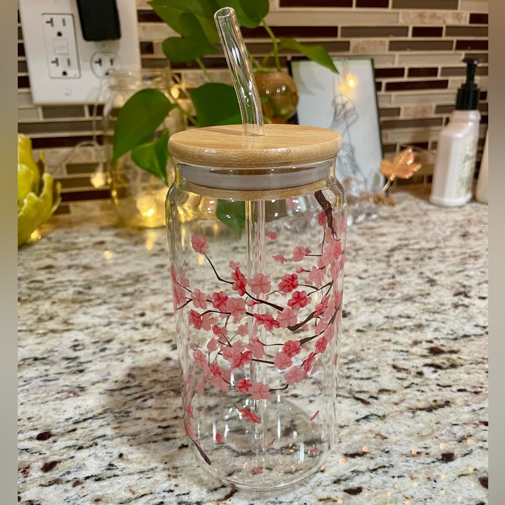 Cherry Blossom Glass Tumbler with Straw